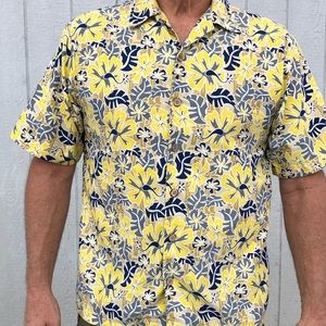 ODO Vintage Yellow Hibiscus Hawaiian Button Down Shirt Medium